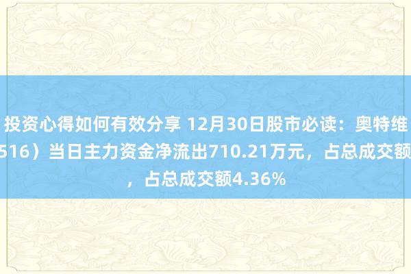 投资心得如何有效分享 12月30日股市必读：奥特维（688516）当日主力资金净流出710.21万元，占总成交额4.36%